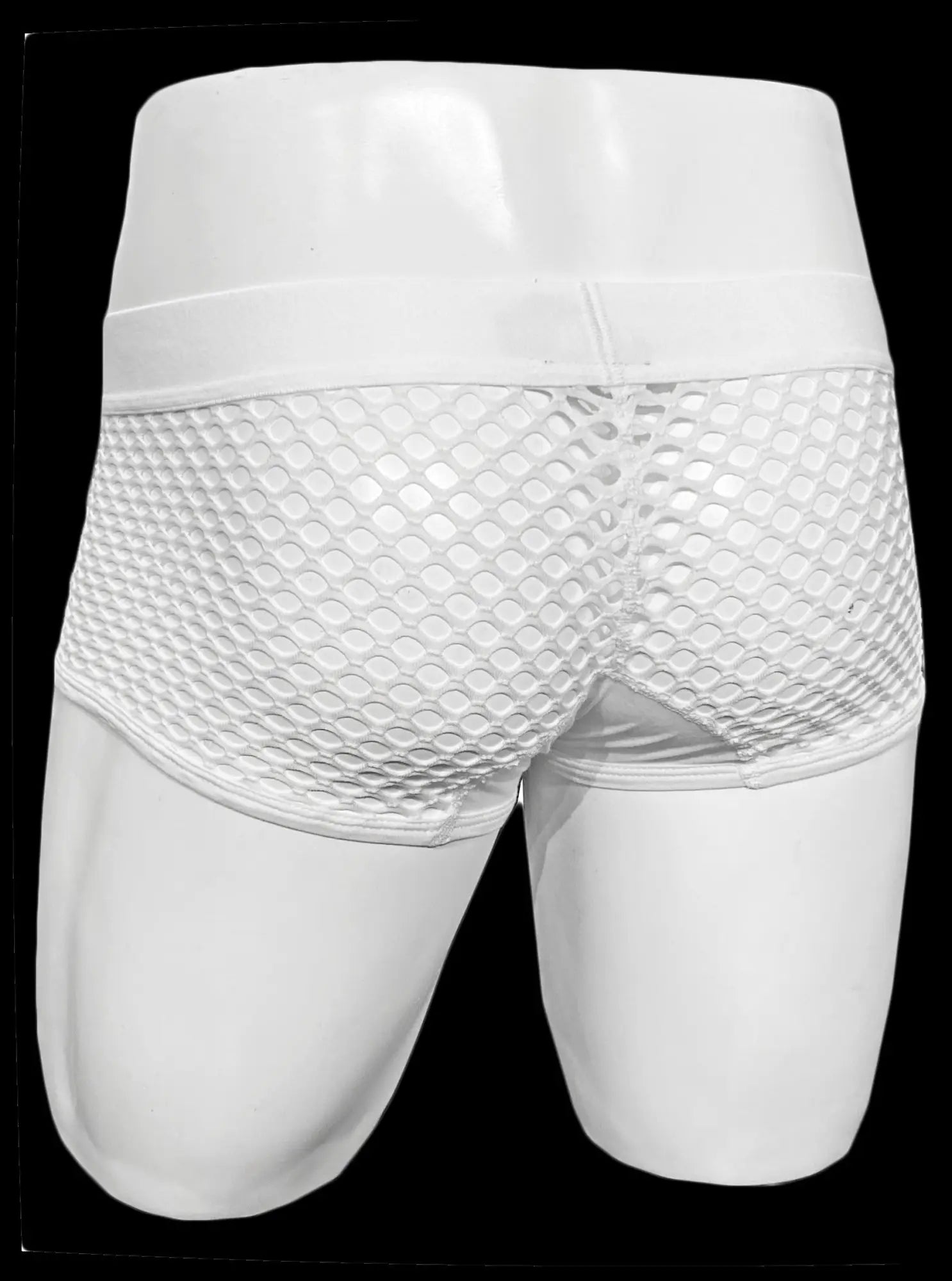 White button fly fishnet trunk briefs featuring white mesh fabric and a smooth elastic waistband
