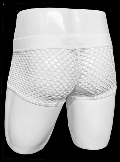 White button fly fishnet trunk briefs featuring white mesh fabric and a smooth elastic waistband