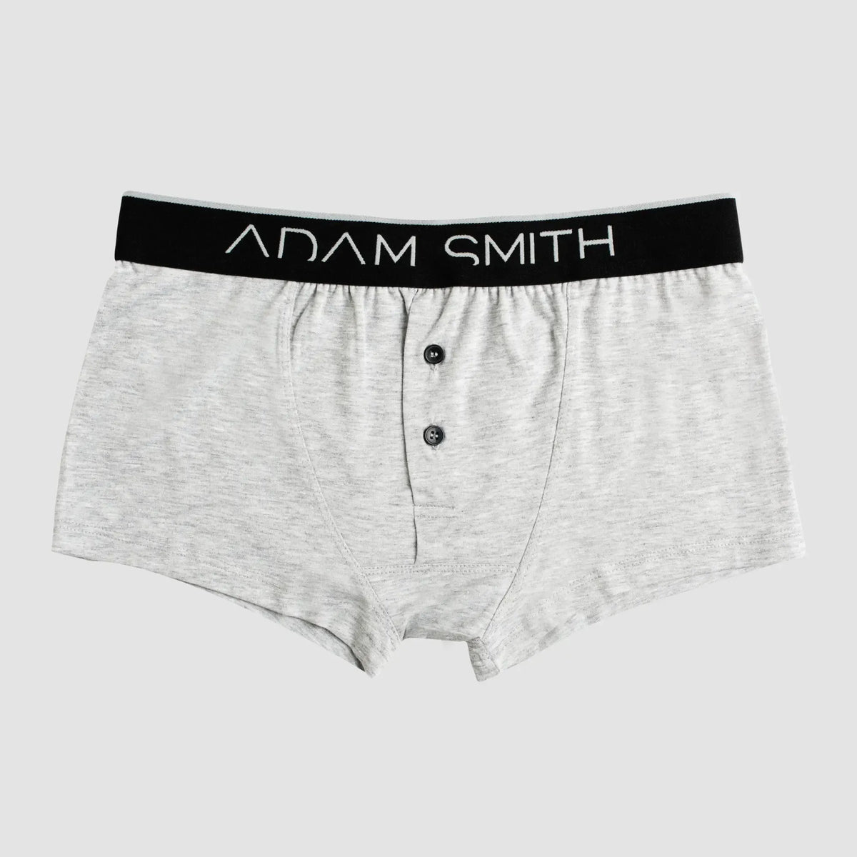 Gray heathered adam smith button front trunks with black waistband white lettering and two dark front buttons