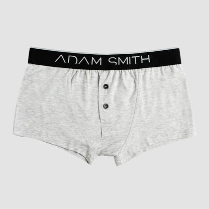 Gray heathered adam smith button front trunks with black waistband white lettering and two dark front buttons