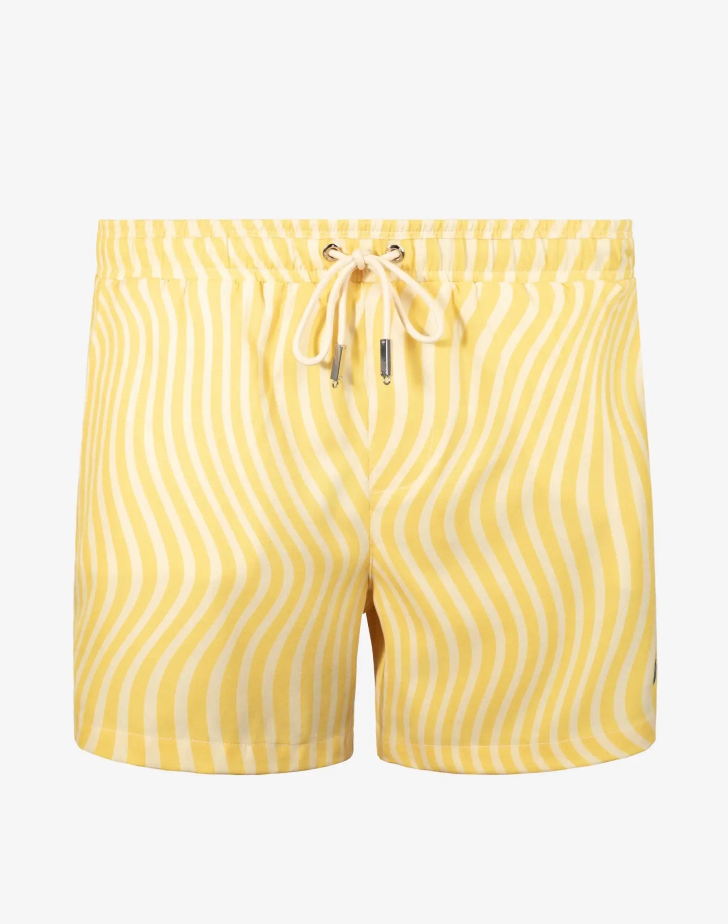 Yellow and white wavy-striped byron swim short with drawstring waistband designed for comfortable beachwear