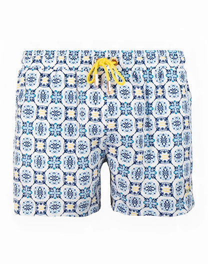 Byron swim short Mykonos print blue and white patterned swim trunks with yellow drawstring for beachwear