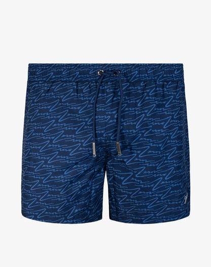 Navy blue Byron swim short with light blue cursive script pattern designed for comfortable beachwear