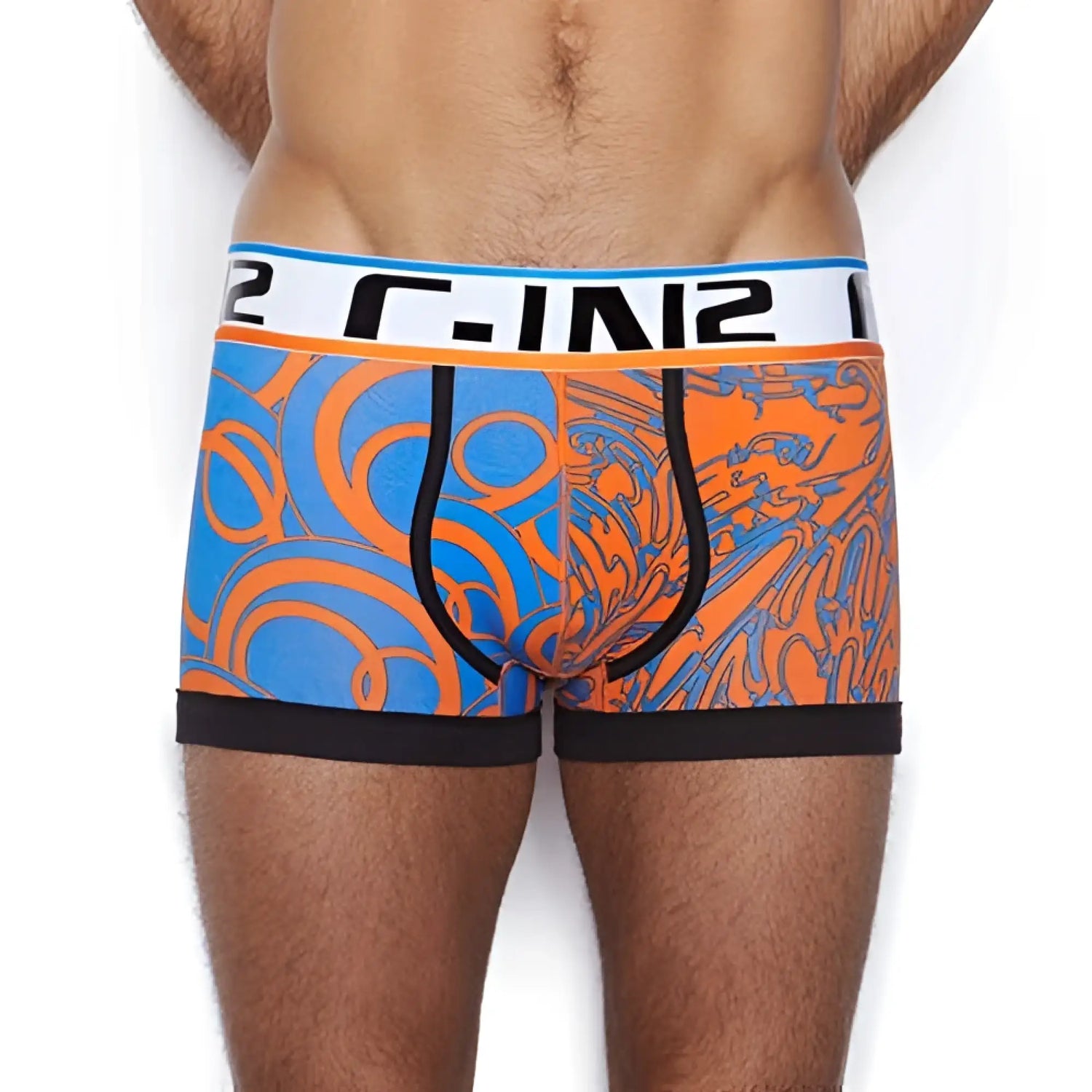 Blue and orange patterned c-in2 culture club lo no show army trunk underwear with black trim and white waistband size l