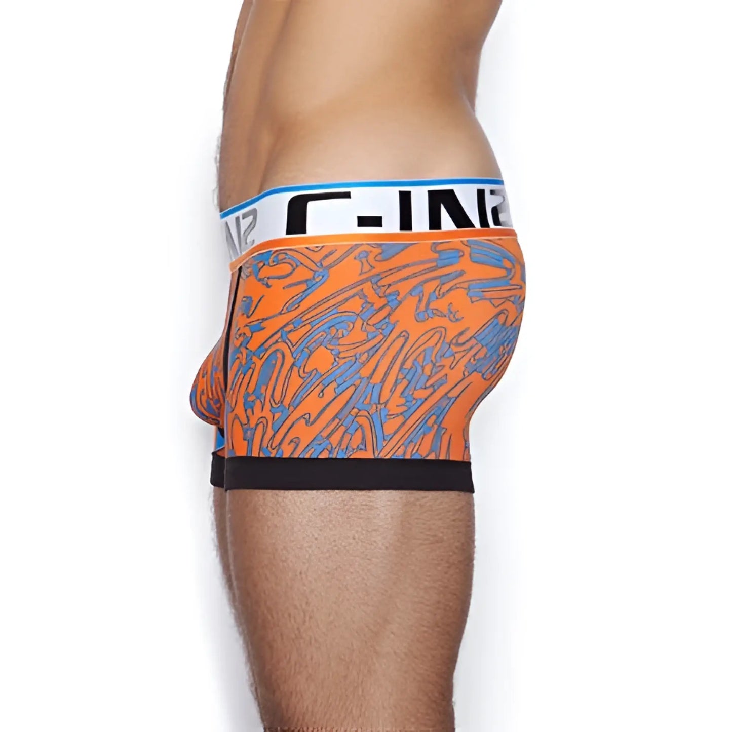C-in2 culture club lo no show army trunk underwear in orange and blue abstract pattern with black trim size l front view