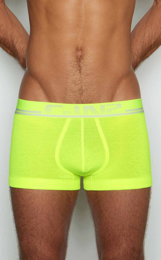 Neon green mesh c-in2 trunk boxer briefs with gray logo band highlighting breathable fabric design
