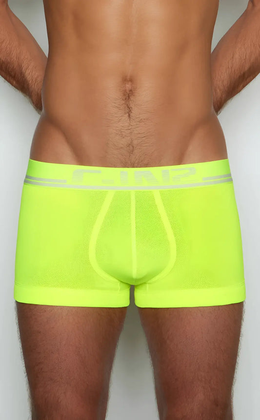 Neon green mesh c-in2 trunk boxer briefs with gray logo band highlighting breathable fabric design