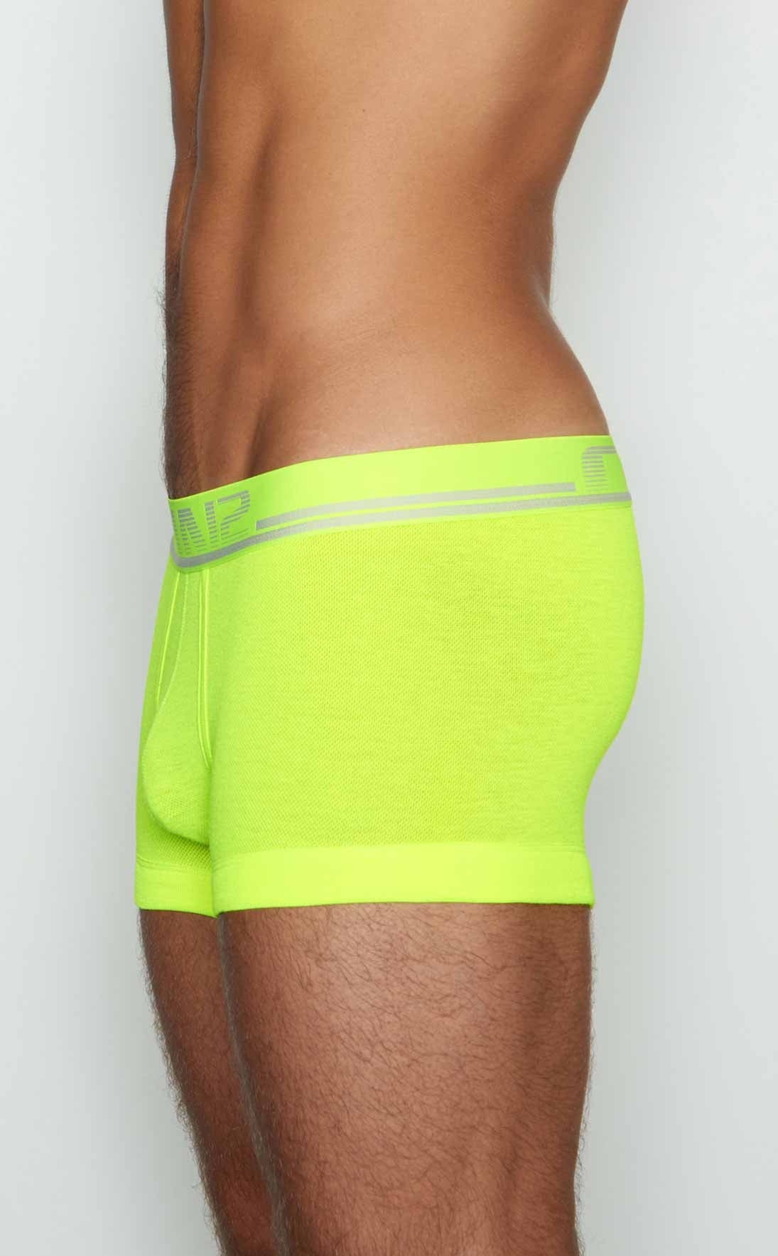 Bright neon green c-in2 trunk boxer briefs with a silver logo waistband for comfortable everyday wear