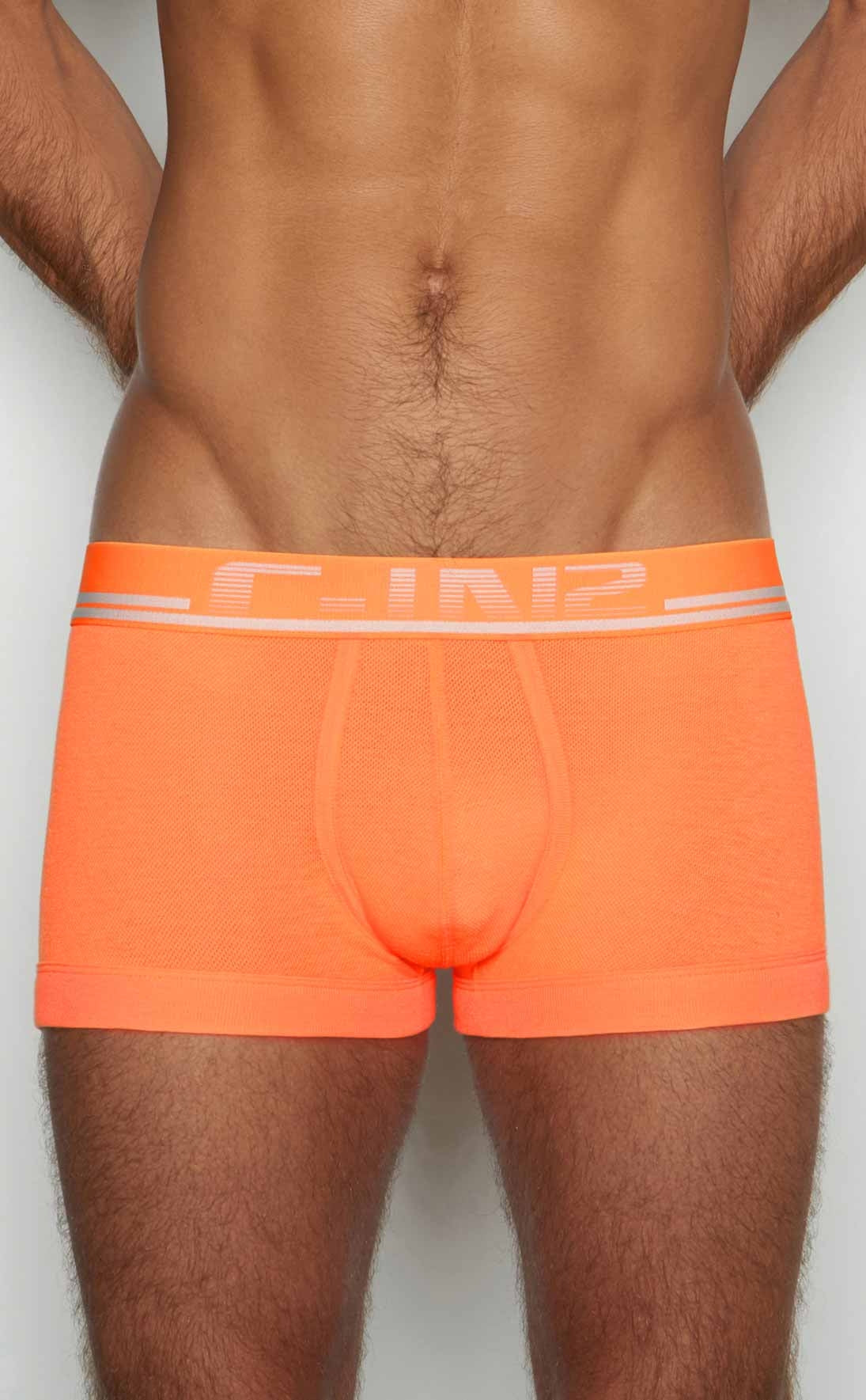 Bright orange c-in2 trunk 1023 men’s briefs with mesh texture and white logo trim