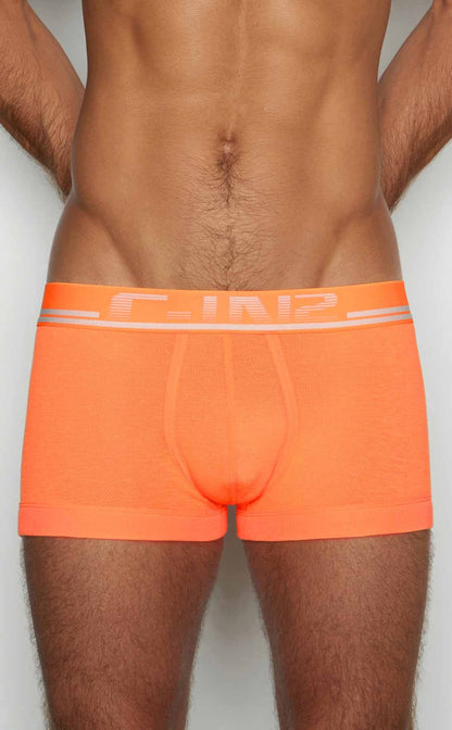 Bright orange c-in2 trunk 1023 men’s briefs with mesh texture and white logo trim