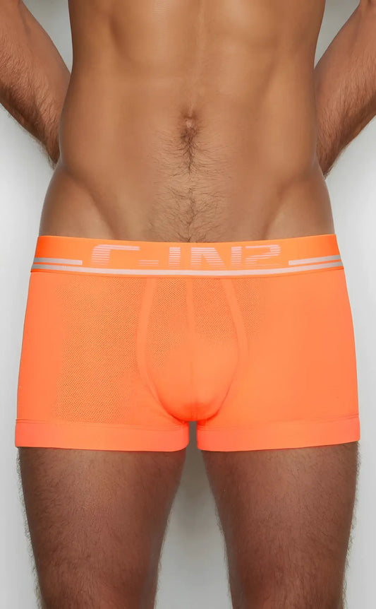 Bright orange c-in2 trunk 1023 men’s briefs with mesh texture and white logo trim
