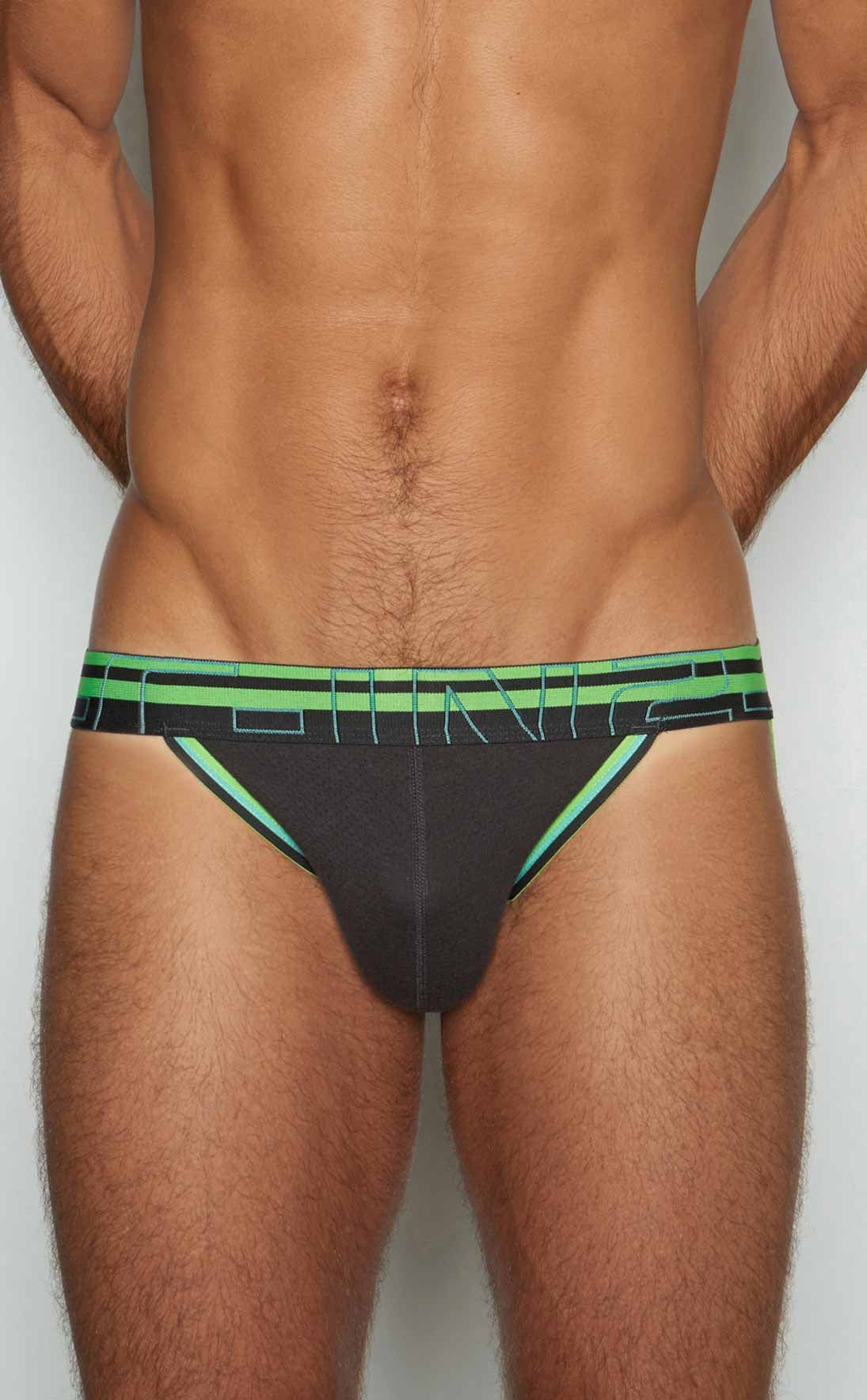 Black athletic C-IN2 Jockstrap 3226-080 briefs with neon green trim and bold geometric logo band