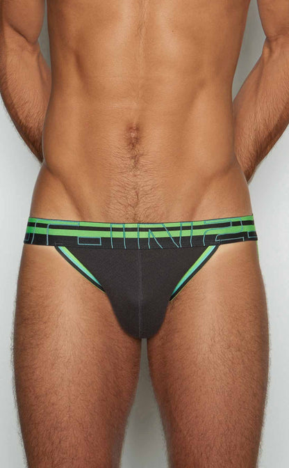 Black athletic C-IN2 Jockstrap 3226-080 briefs with neon green trim and bold geometric logo band
