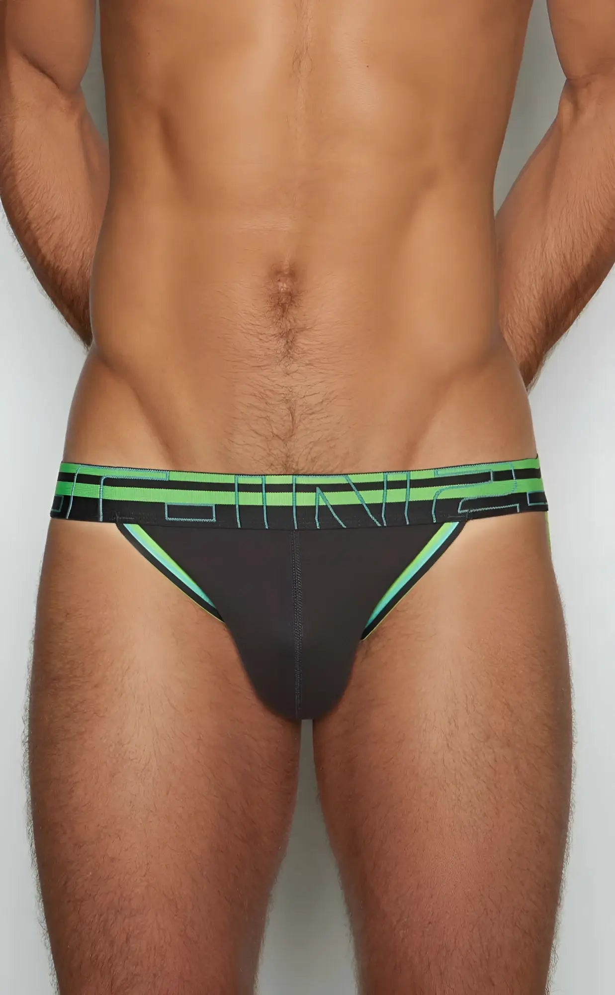 Black athletic C-IN2 Jockstrap 3226-080 briefs with neon green trim and bold geometric logo band