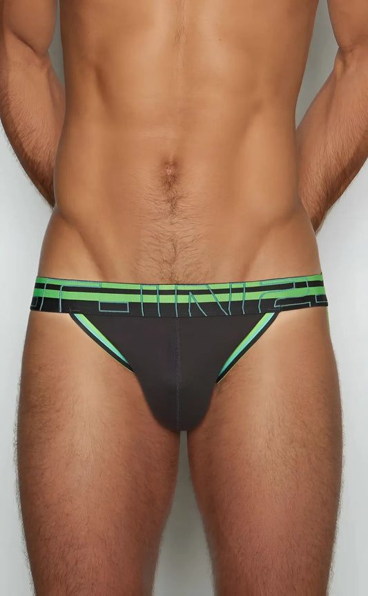Black athletic C-IN2 Jockstrap 3226-080 briefs with neon green trim and bold geometric logo band