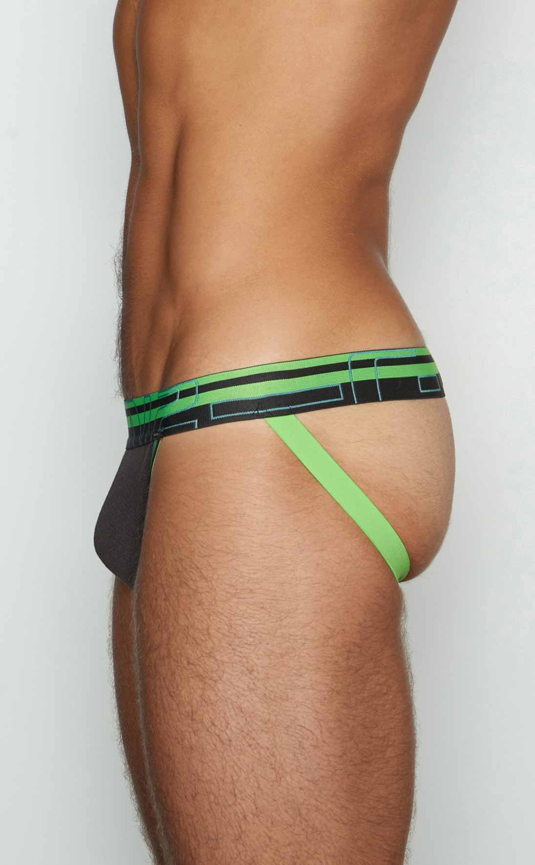 Black and neon green geometric patterned athletic briefs c-in2 jockstrap 3226-080 front view