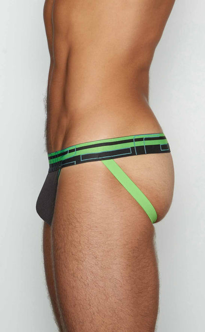 Black and neon green geometric patterned athletic briefs c-in2 jockstrap 3226-080 front view