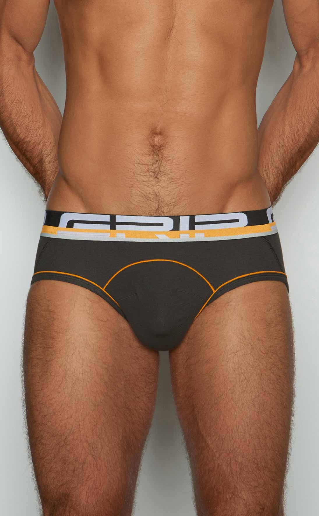 Black men’s briefs C-IN2 Brief 3313-068 with bold yellow and white grip logo waistband for comfortable everyday wear