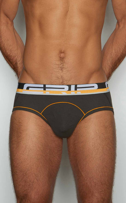 Black men’s briefs C-IN2 Brief 3313-068 with bold yellow and white grip logo waistband for comfortable everyday wear