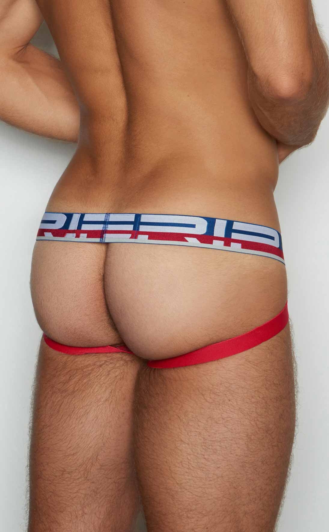 C-in2 jockstrap 3326-421 red and white striped briefs with bold blue rip logo on waistband front view