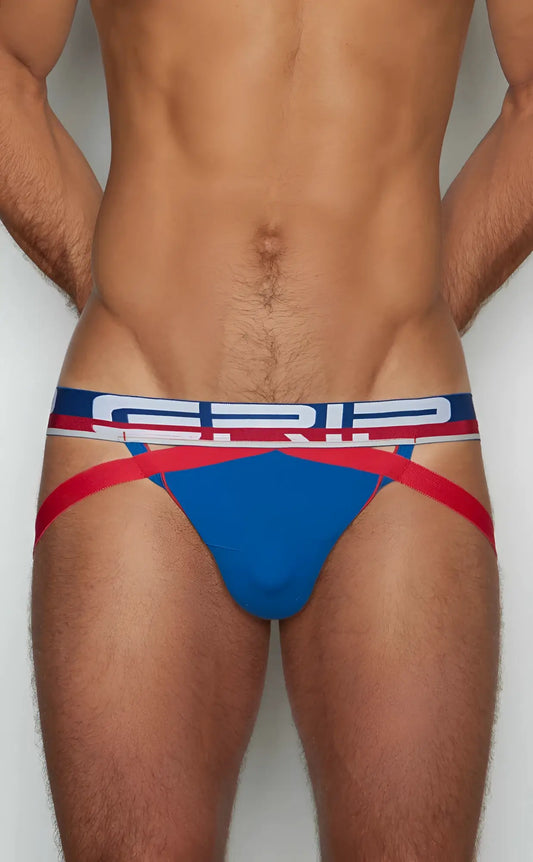 Blue and red grip brand briefs with bold striped waistband c-in2 jockstrap 3326-421 front view