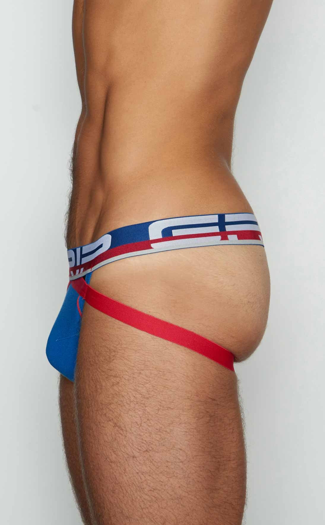 Blue and red c-in2 jockstrap briefs with white blue and red striped waistband featuring the cip logo