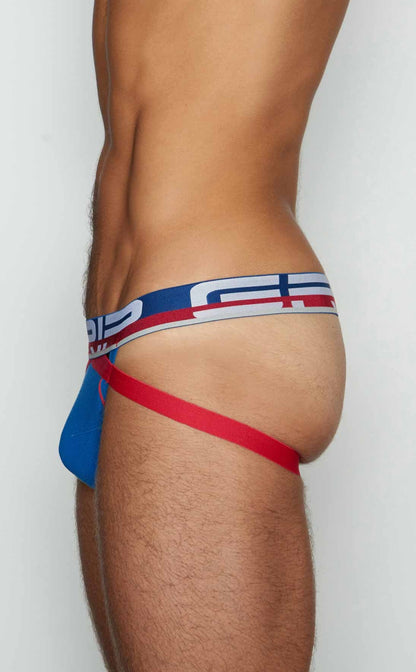 Blue and red c-in2 jockstrap briefs with white blue and red striped waistband featuring the cip logo