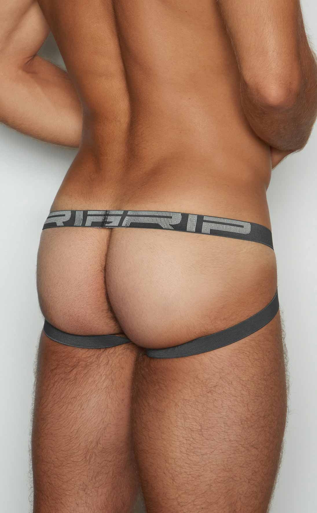 Dark gray c-in2 jockstrap briefs with a sleek design and white riferip logo on the waistband front