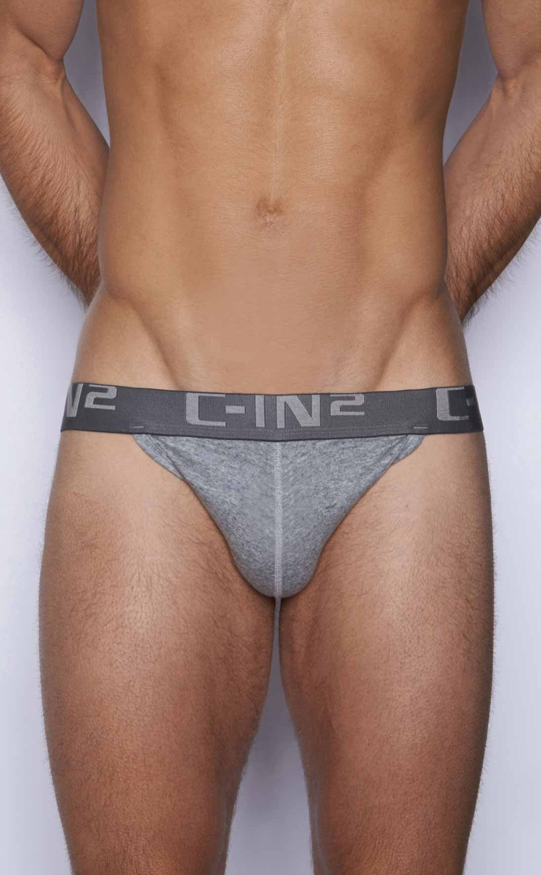 Gray c-in2 y-back thong 4002-070 with textured fabric and elastic waistband shown from the back side