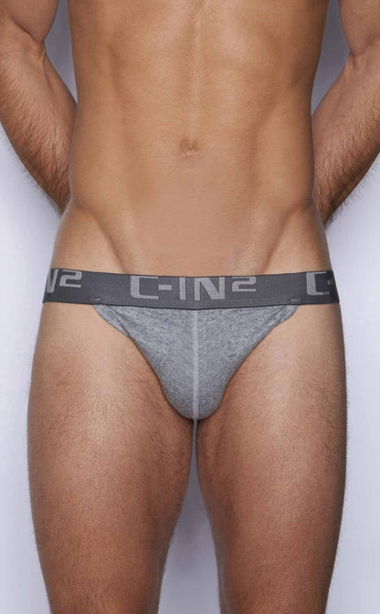 Gray c-in2 y-back thong 4002-070 with textured fabric and elastic waistband shown from the back side
