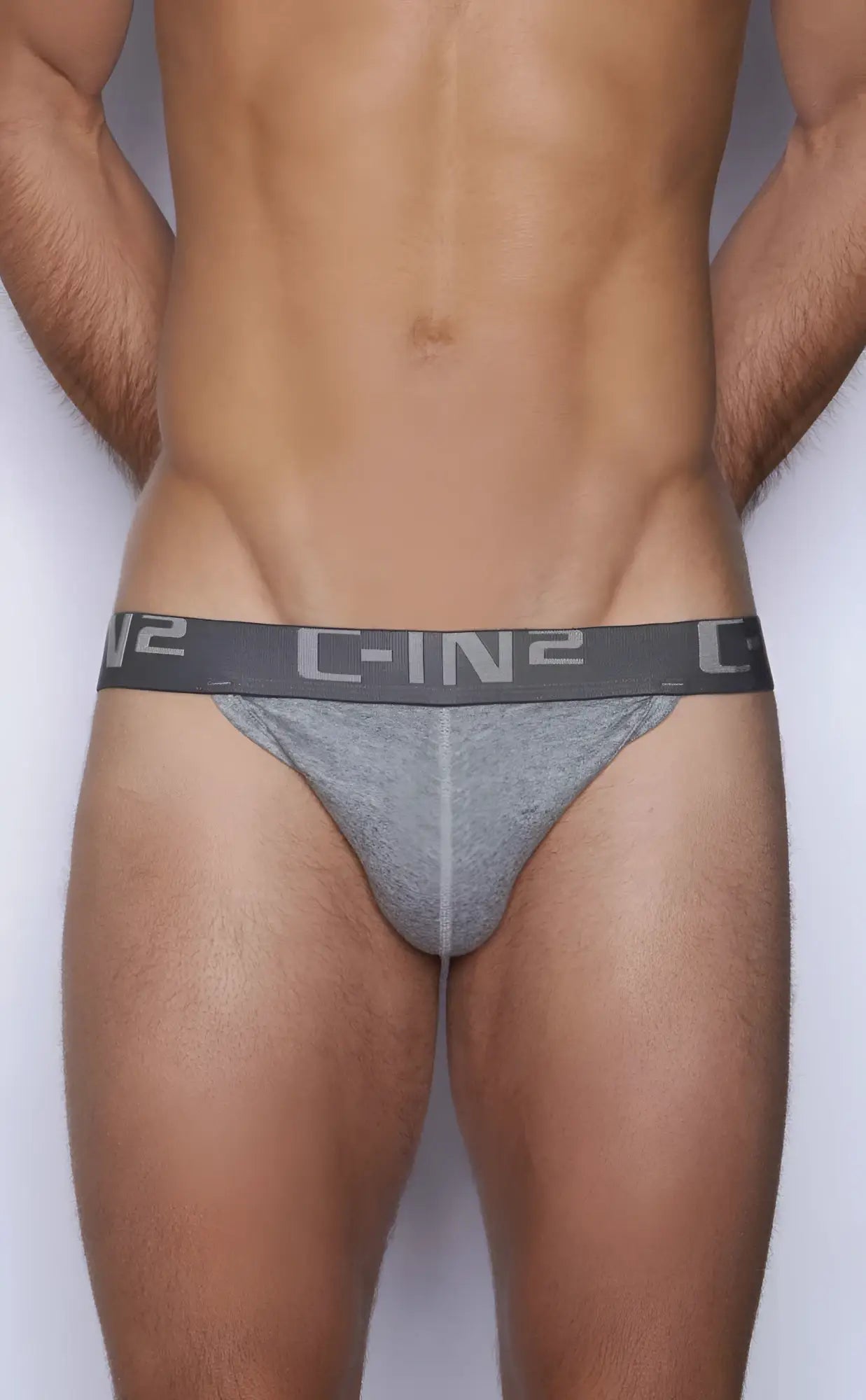 Gray c-in2 y-back thong 4002-070 with textured fabric and elastic waistband shown from the back side