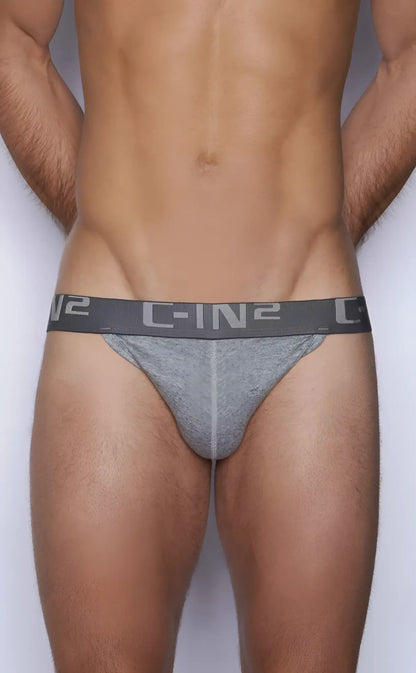 Gray c-in2 y-back thong 4002-070 with textured fabric and elastic waistband shown from the back side