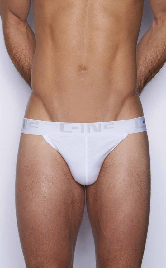 White c-in2 y-back thong 4002t briefs with sleek minimalist design and subtle gray waistband branding back view