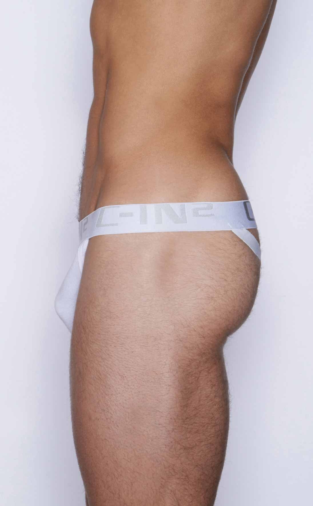 White minimalist athletic y-back thong briefs with sleek elastic waistband featuring the c-line logo by C-IN2