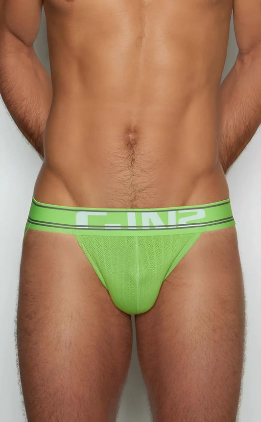 Bright green c-in2 jockstrap briefs with mesh front and elastic waistband showcasing breathable design