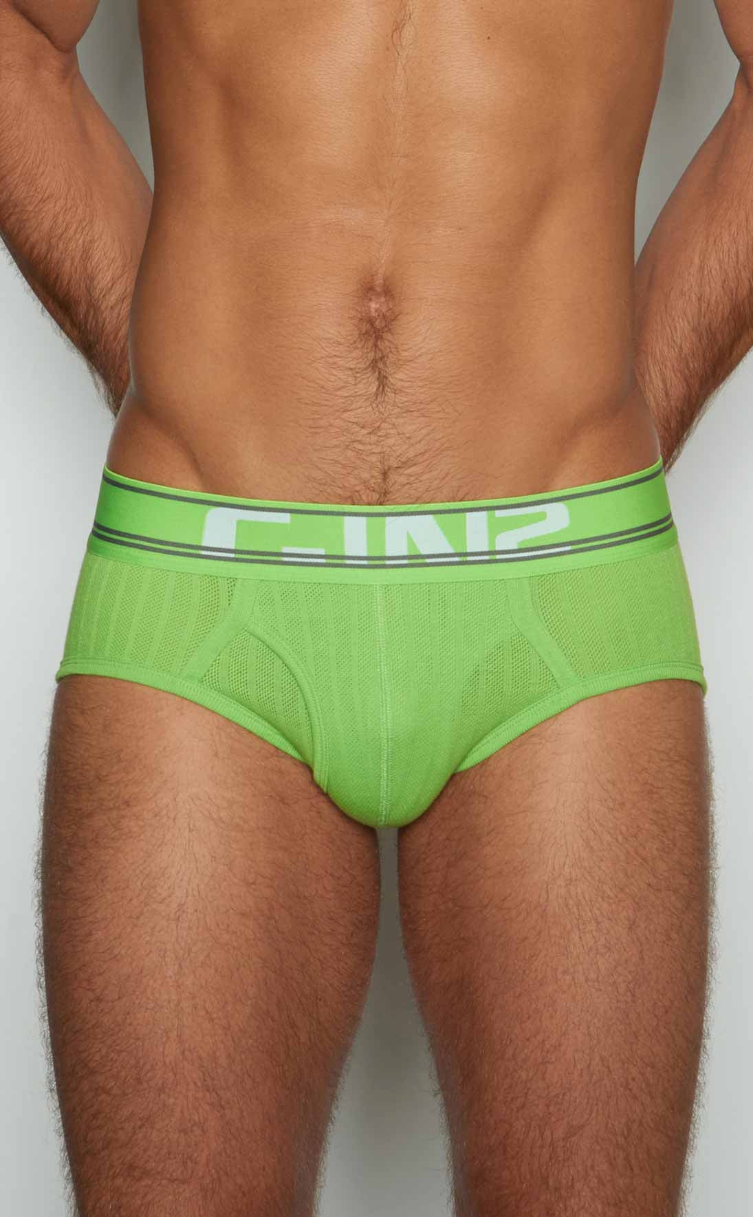 Bright lime green mesh briefs with white and gray branded waistband from c-in2 brief 6760-342