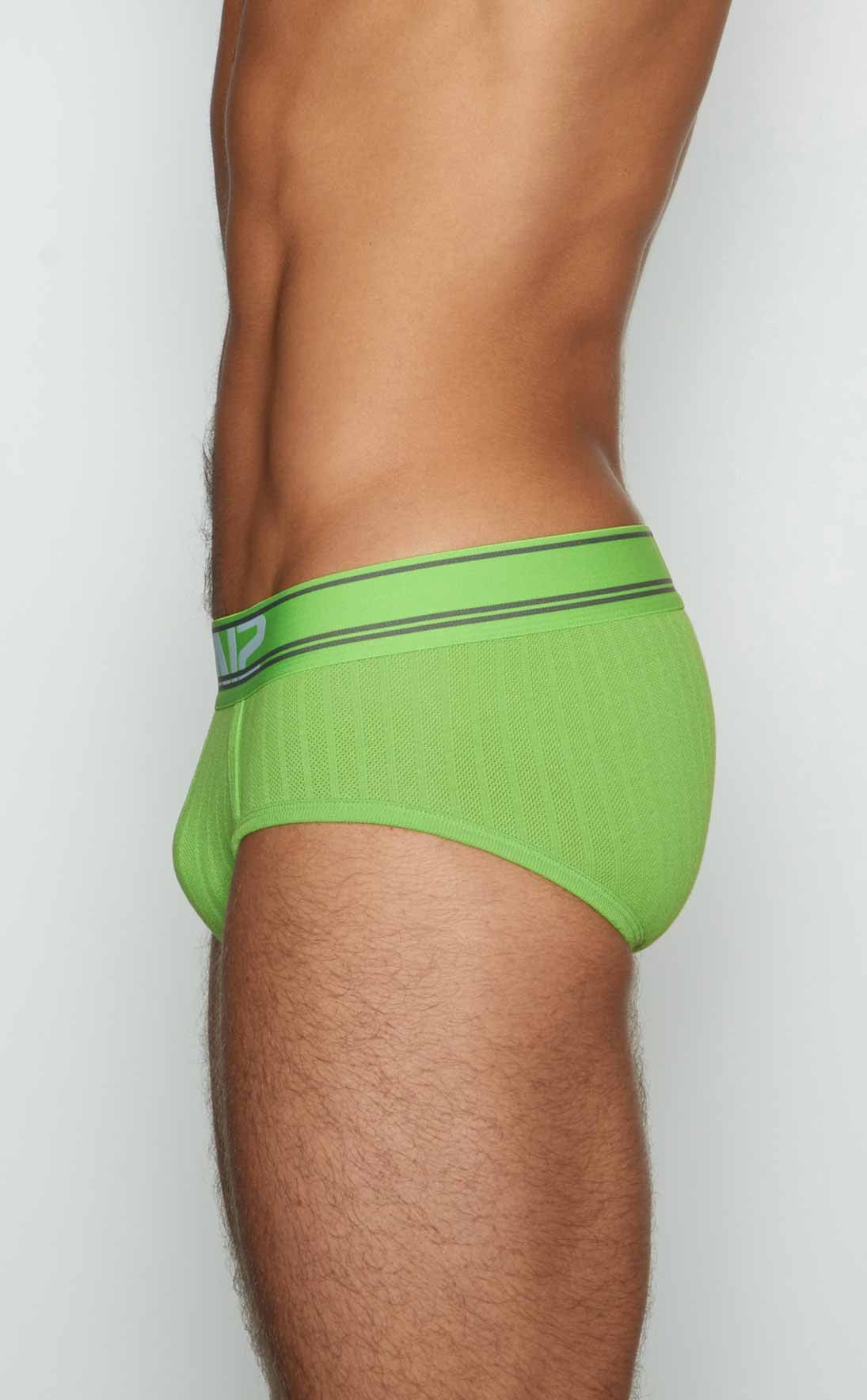 C-in2 brief 6760-342 lime green mesh briefs with matching elastic waistband and black and white striped trim