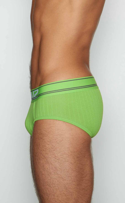 C-in2 brief 6760-342 lime green mesh briefs with matching elastic waistband and black and white striped trim