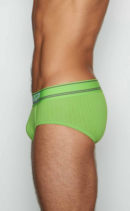 C-in2 brief 6760-342 lime green mesh briefs with matching elastic waistband and black and white striped trim