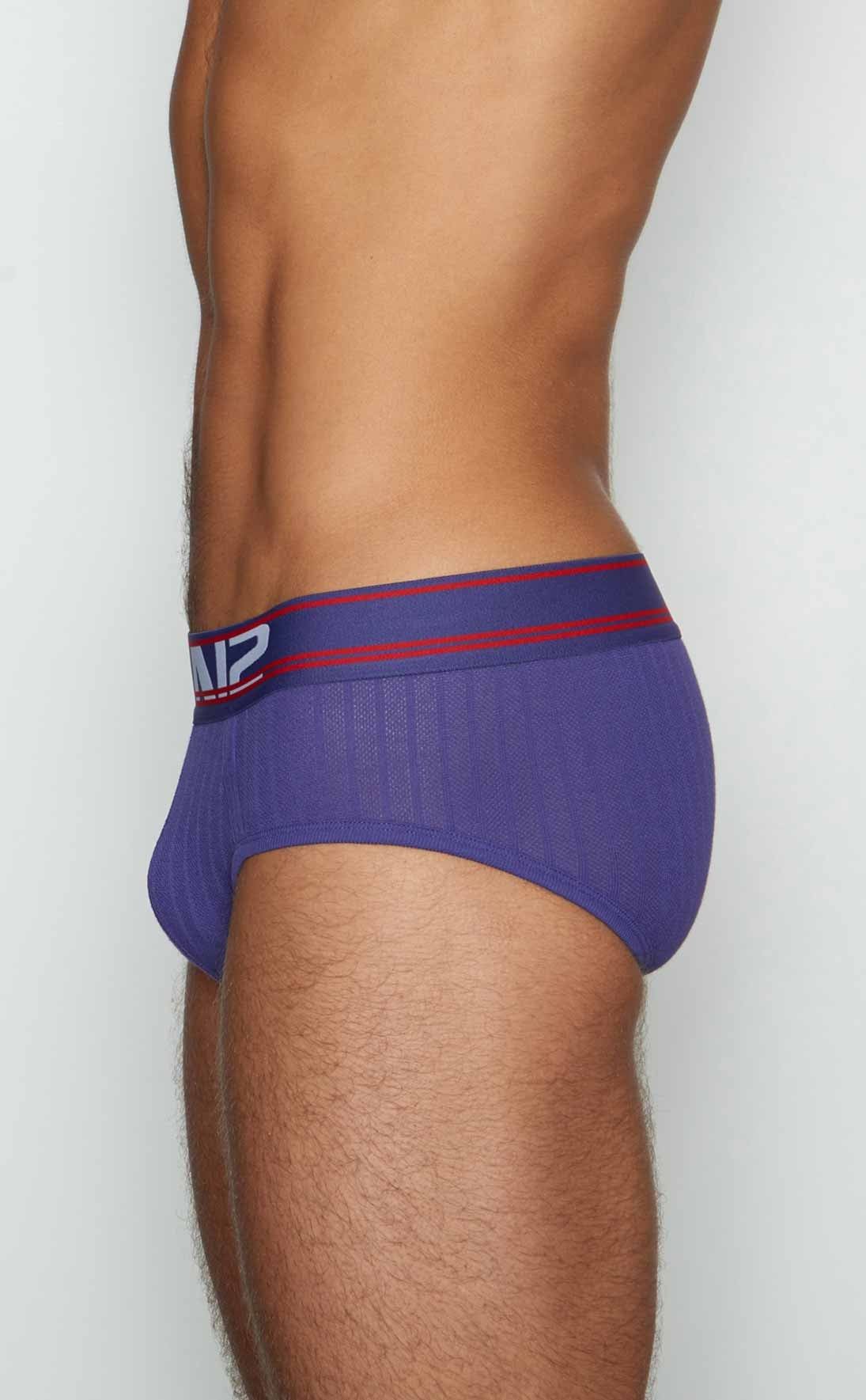 Purple men’s briefs c-in2 brief 6760-541 with navy blue waistband, red stripes, and mip logo in white