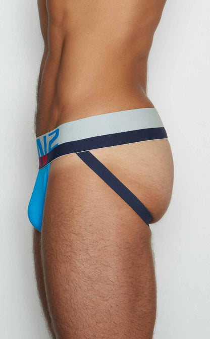 Blue and navy blue c-in2 jockstrap briefs with light gray waistband featuring brand logo for athletic use