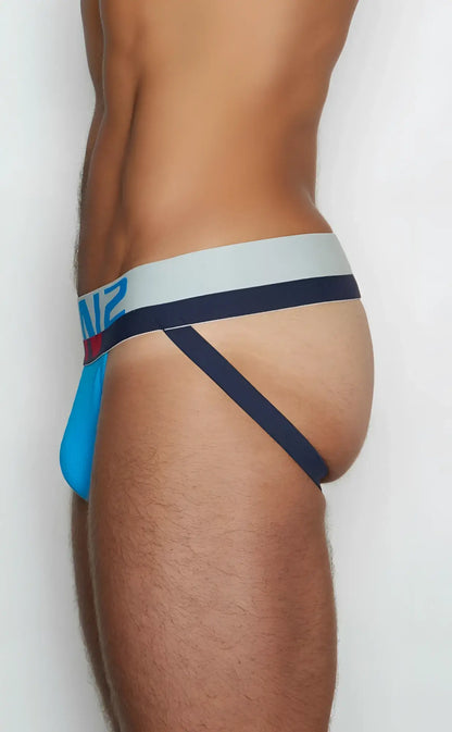 Blue and navy blue c-in2 jockstrap briefs with light gray waistband featuring brand logo for athletic use