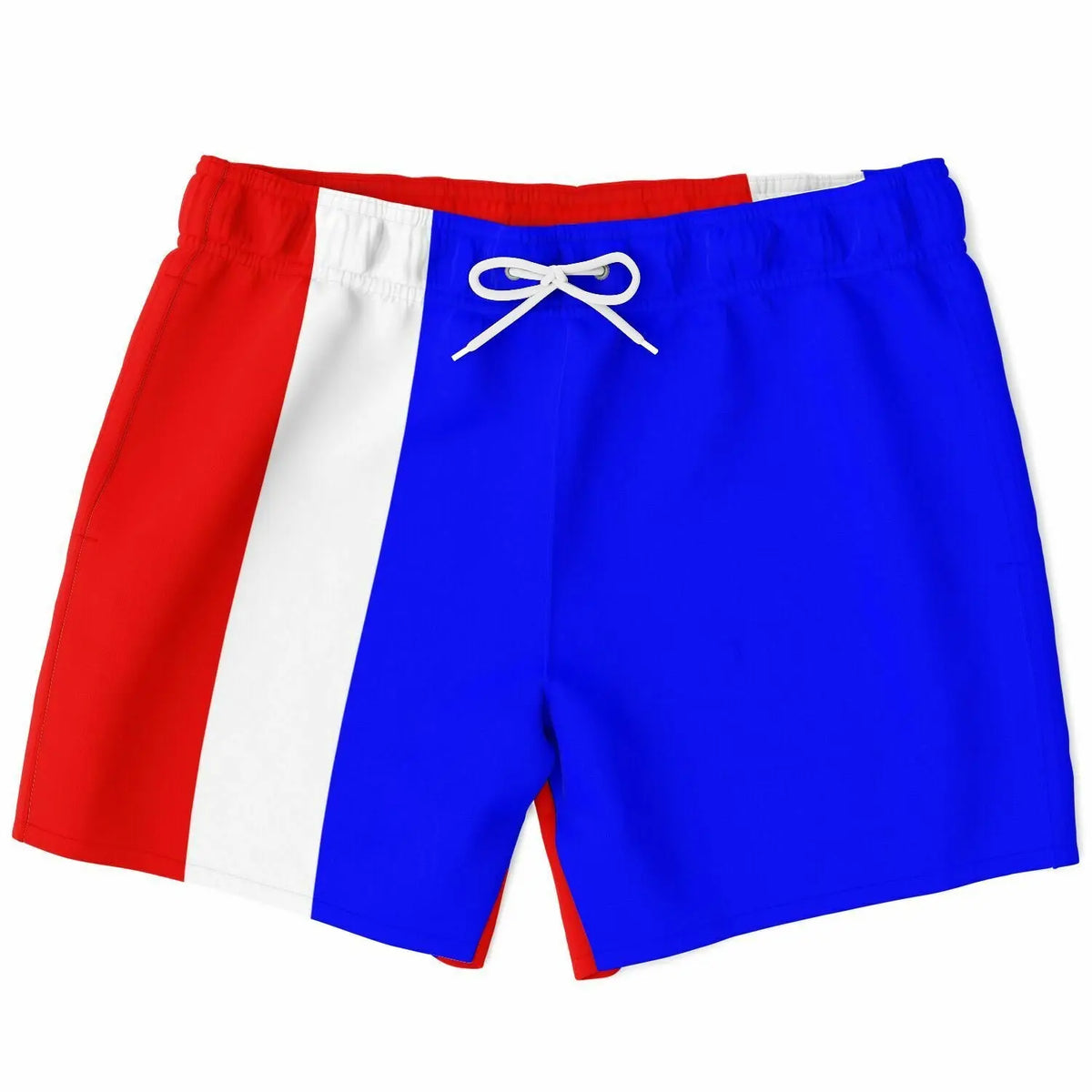 Men's swim shorts by Maris Equi in red white and blue with a drawstring waistband and side stripes.