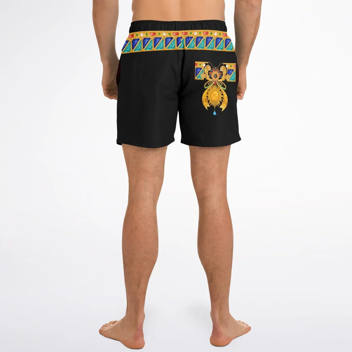 Men's black swim shorts with colorful bejeweled waistband and decorative back design by Maris Equi.