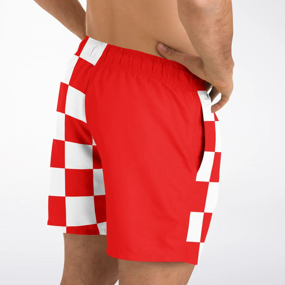 Red and white checkered men's swim shorts by Maris Equi featuring an elastic waistband and side pockets.