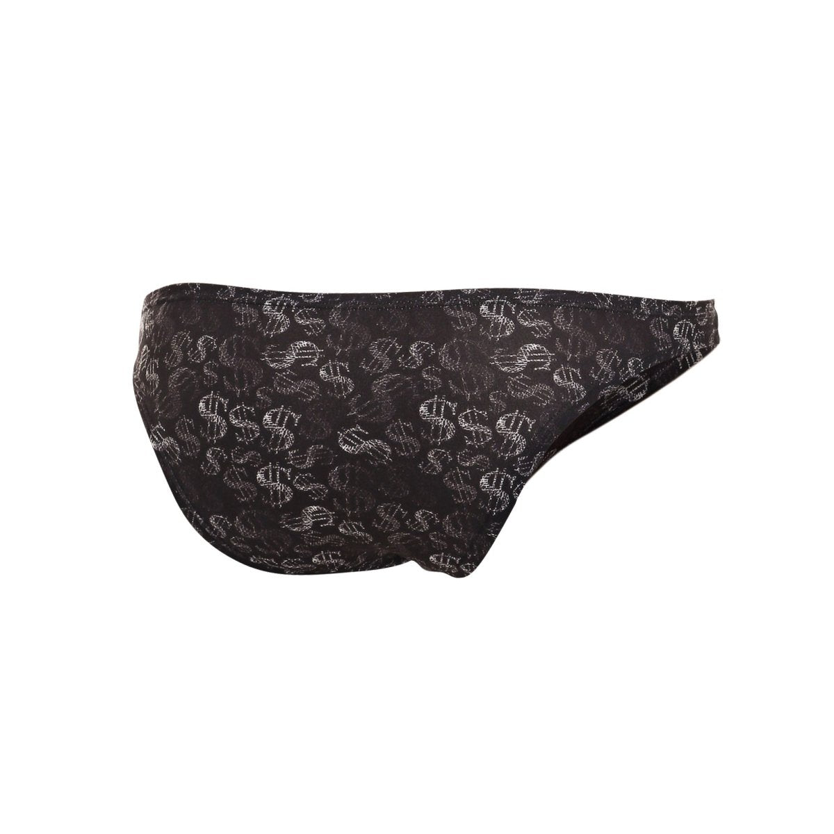 Black swim trunks called c4m01-dollar bikini with white dollar sign pattern suitable for beachwear and swimming