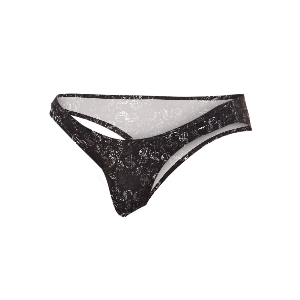 Black thong bikini with white dollar sign pattern and sheer mesh detailing from c4m01-dollar bikini collection