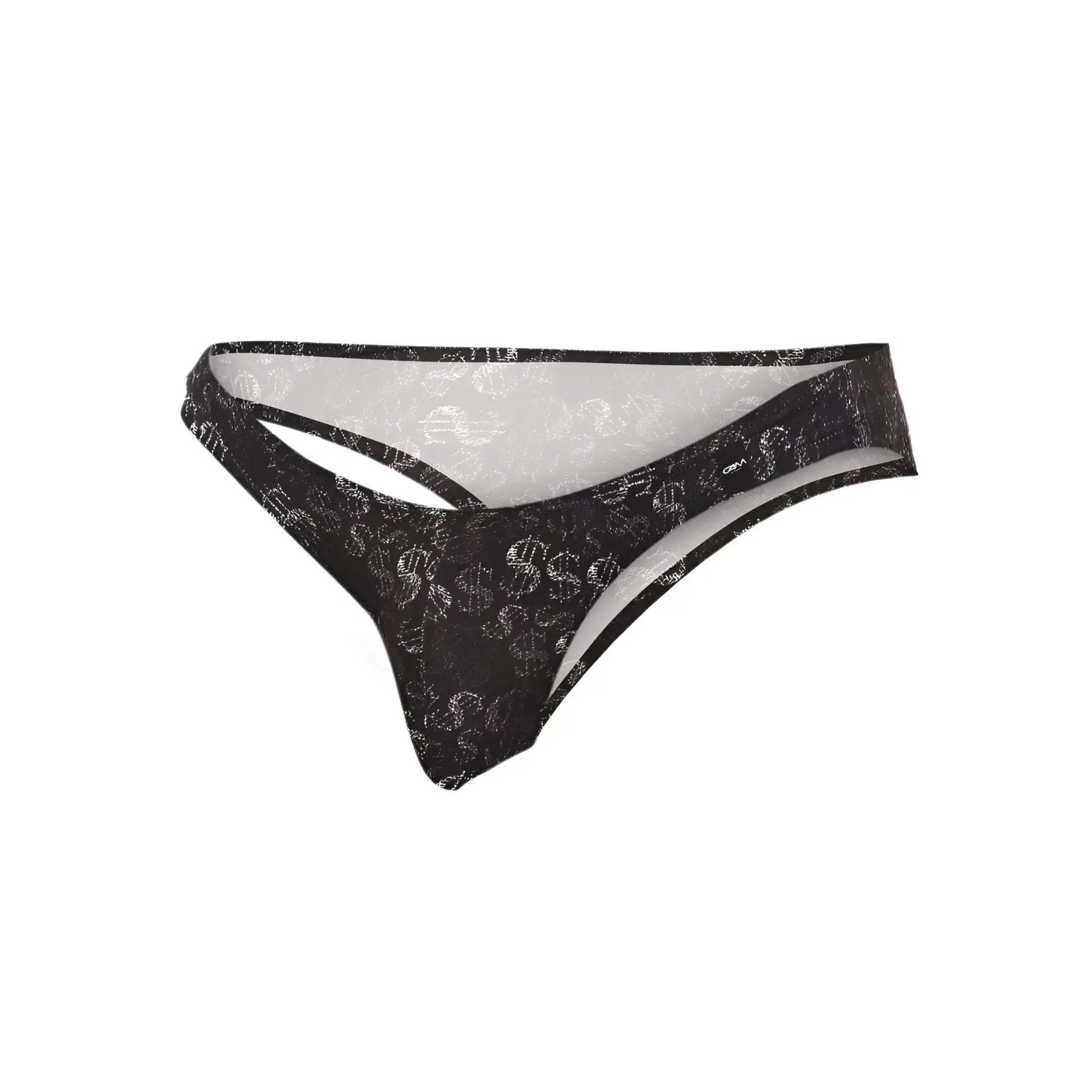 Black thong bikini with white dollar sign pattern and sheer mesh detailing from c4m01-dollar bikini collection