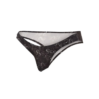 Black thong bikini with white dollar sign pattern and sheer mesh detailing from c4m01-dollar bikini collection