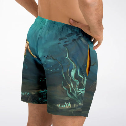 Men's swim shorts by Maris Equi in vibrant underwater print featuring an elastic waistband and side pockets.